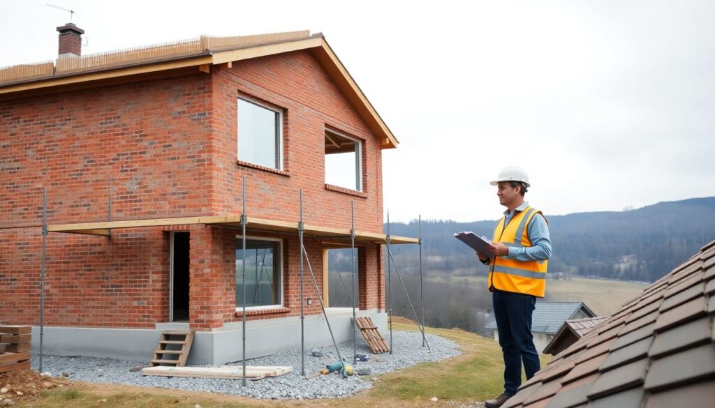 Baugutachter prüft Rohbau eines Hauses in Solinger Hanglage während der baubegleitenden Qualitätskontrolle