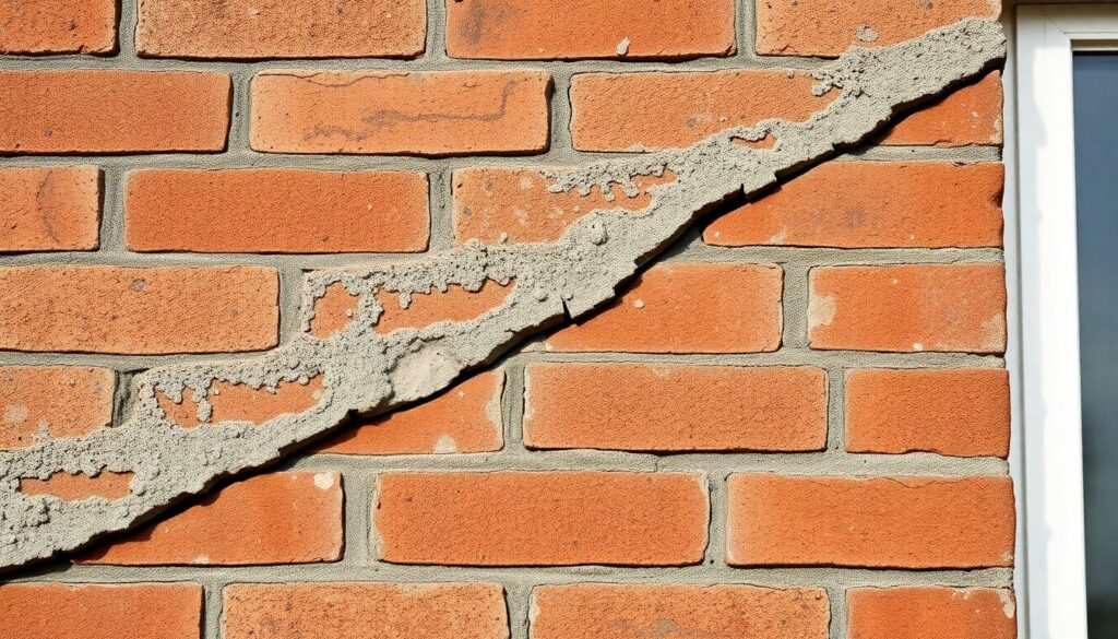 Diagonaler Riss im Mauerwerk einer Hausfassade in Solingen, beurteilt vom Bausachverständigen