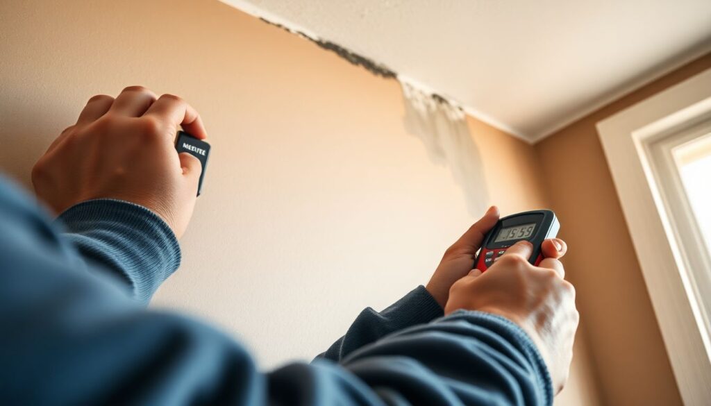 Baugutachter prüft Schimmel und Feuchtigkeit an einer Wand in einem Altbau in Solingen